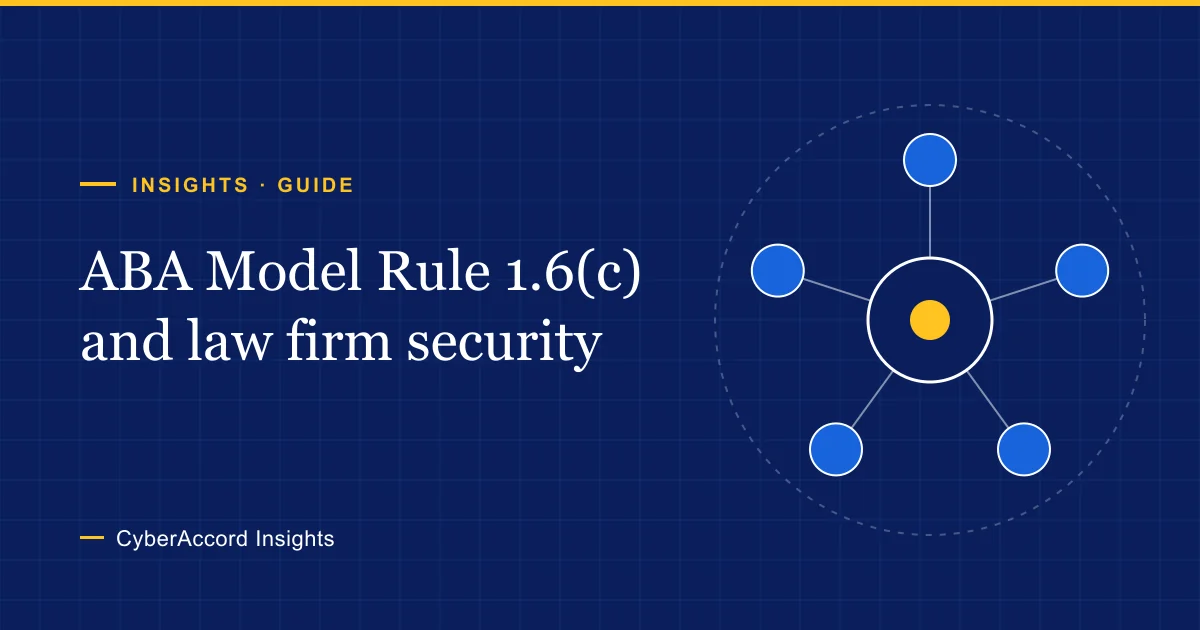 Cover graphic for the ABA Model Rule 1.6(c) guide: five circles linked to a central circle with a gold core, standing for the Comment 18 reasonableness factors.