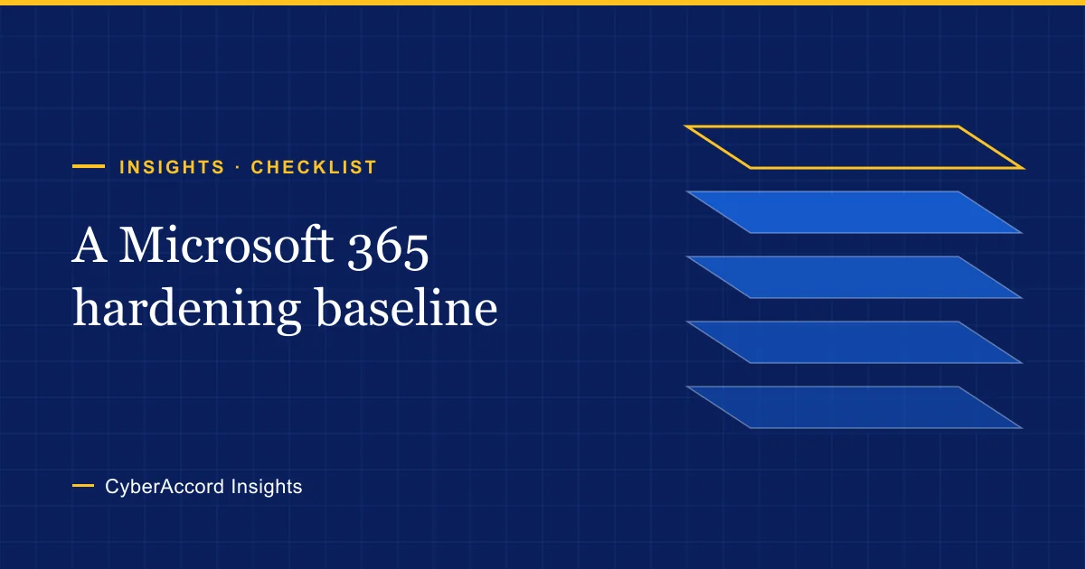 Cover graphic for the Microsoft 365 hardening checklist: five stacked layers, the top one outlined in gold, standing for the five areas of the baseline.