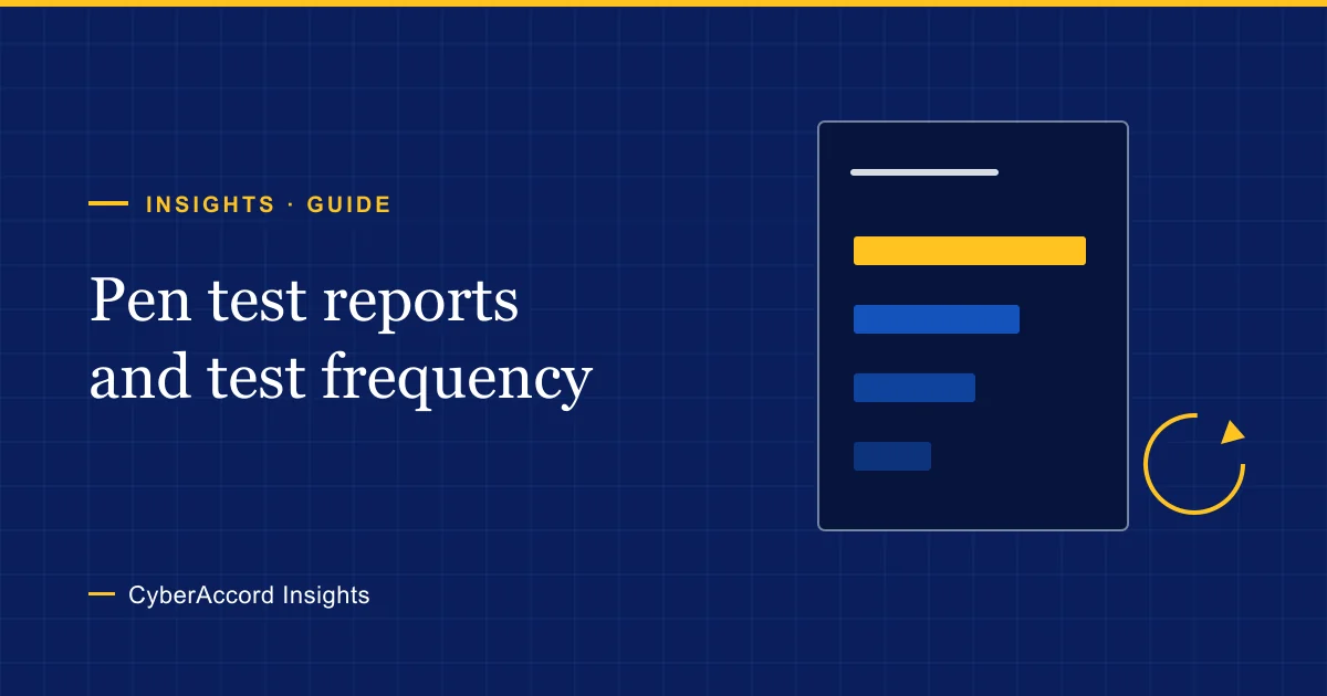 Cover graphic for the penetration test report guide: a report page with four severity bars of decreasing length, the longest in gold, beside a gold circular arrow standing for the retest.