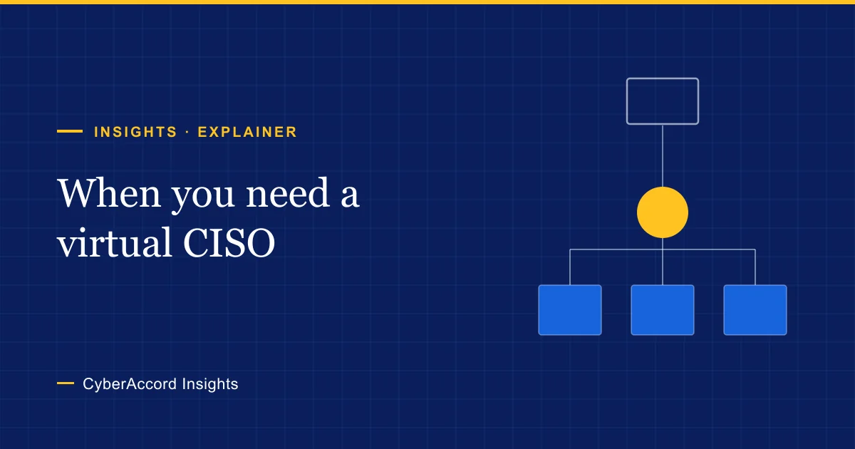 Cover graphic for the virtual CISO explainer: a small organization chart with leadership at the top, a gold circle for the security lead in the middle, and three blue boxes for the teams and providers below.